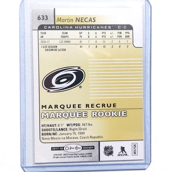 Martin Necas Marquee Rookies Rainbow 2017-18 Card #633 Carolina Hurricanes - Picture 2 of 2